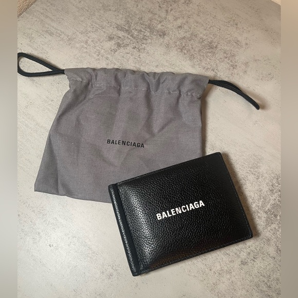BALENCIAGA BLACK LEATHER WALLET MONEY CASH BILL CLIP EUC FULL INCLUSION - Picture 1 of 12